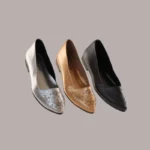 Covered flats for women in silver, black, and gold with handcrafted detailing