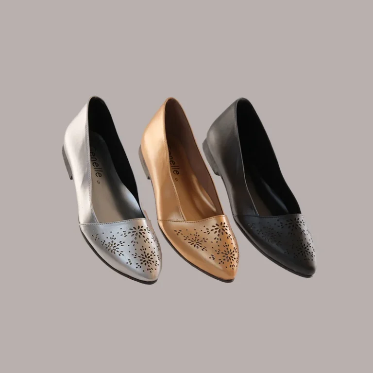 Covered flats for women in silver, black, and gold with handcrafted detailing