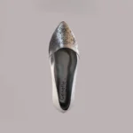 Silver women's covered shoes with a stylish side front profile and premium detailing