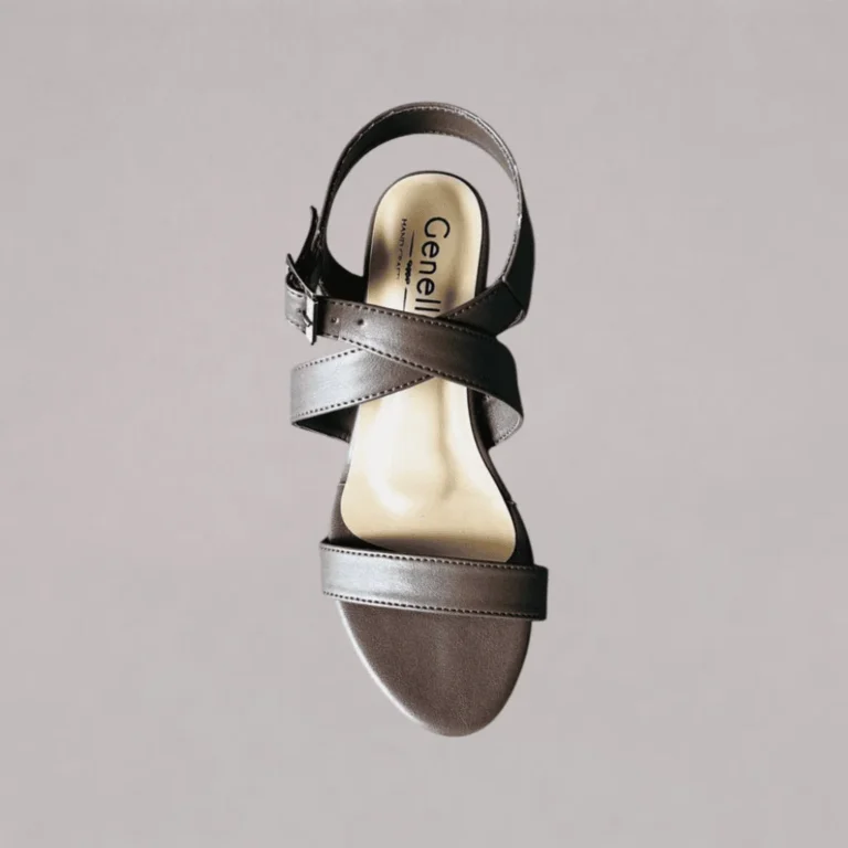 Genelle Brown/Bronze Ankle Strap Angle Box Heel K/847 shown in a clear product view. The image highlights the brown/bronze colour and Ankle Strap Angle Box Heel.