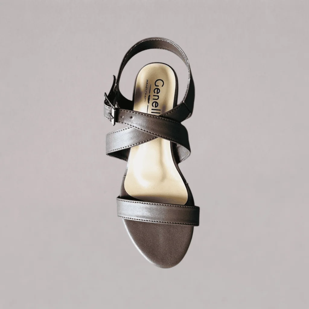 genelle-brown-bronze-ankle-strap-angle-box-heel-k847 Genelle Brown/Bronze Ankle Strap Angle Box Heel K/847 shown in a clear product view. The image highlights the brown/bronze colour and Ankle Strap Angle Box Heel.
