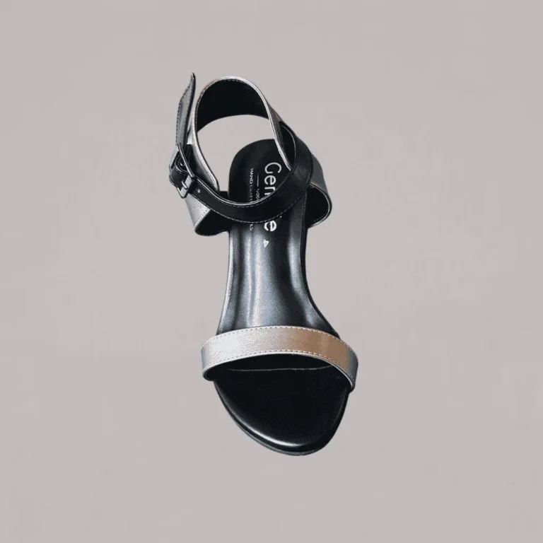 Genelle Pewter Ankle Strap Heel (S/829) shown in a detailed product view. The image highlights the pewter colour and ankle strap heel design.