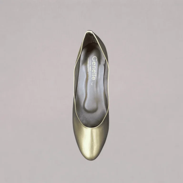 Gold women’s covered shoes in profile front view with premium handcrafted finish