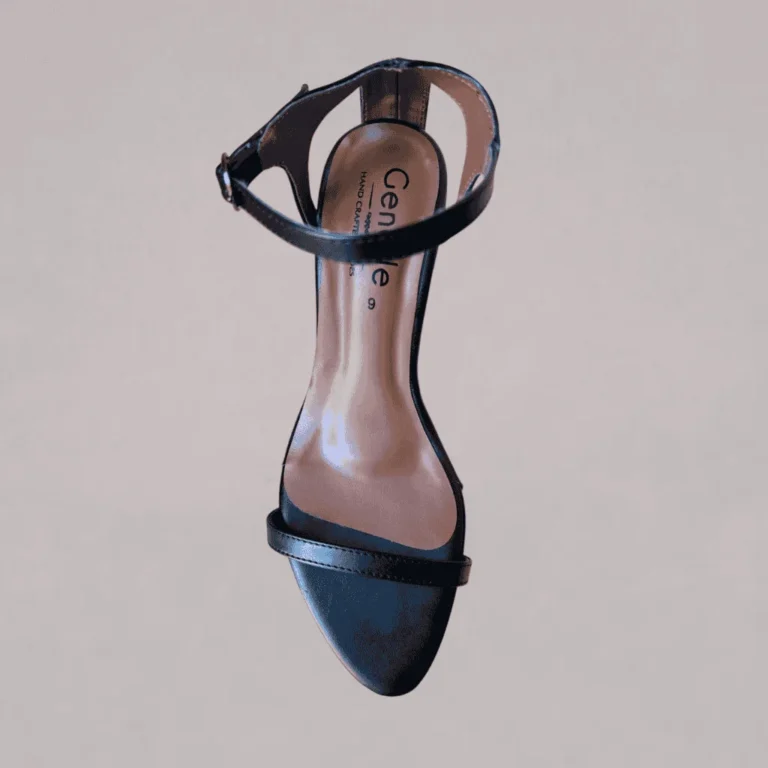 Genelle Black Ankle Strap Heel N/990 with refined heel profile and secure ankle strap